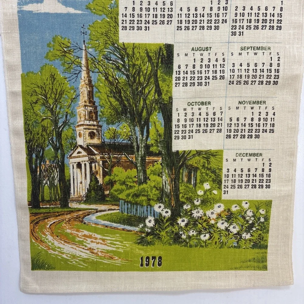 Vintage 1978 Kitchen Tea Towel Hanging Calendar God Grant Me Church Trees Flower